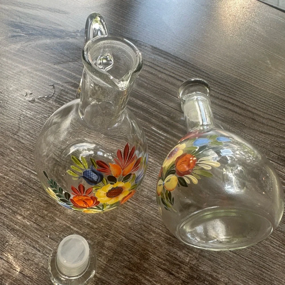 Hand-Painted Floral Glass Cruet Pair - Bright Multicolor